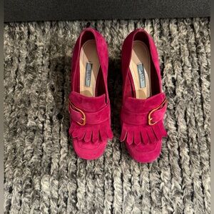 PRADA Suede Kiltie Buckle Loafer in Pink Bouganvillea